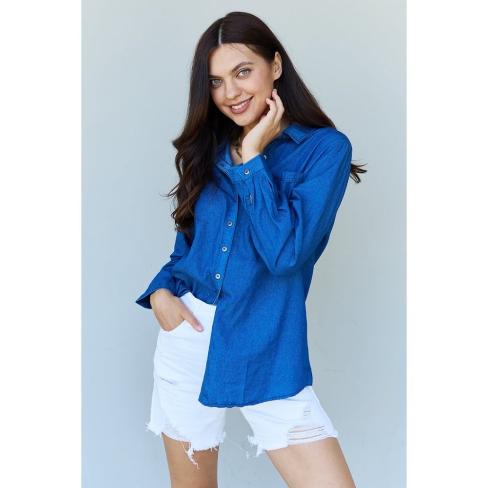 Jean Baby Denim Button Down Shirt Top in Dark Blue Casual Long Sleeves Solid